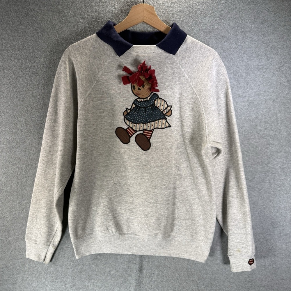 Vintage Tultex Raggedy Ann Inspired Appliqué Sweatshirt Gray Collared Made USA M